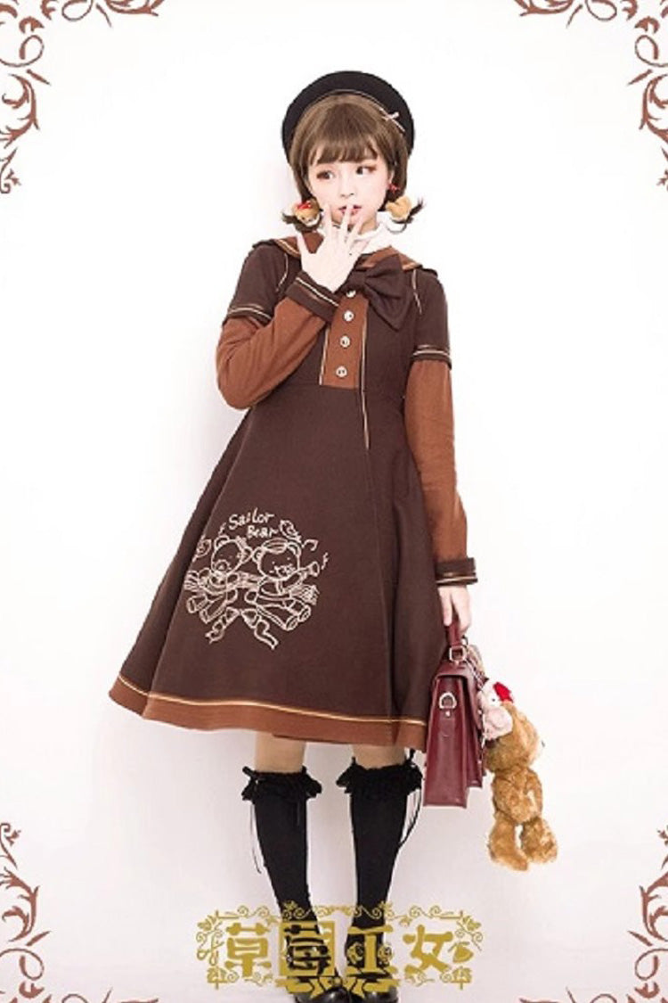 Bear Print Embroidery Long Sleeves Bowknot Sweet Lolita Woolen Coat 2 Colors - Brown - 5