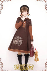 Bear Print Embroidery Long Sleeves Bowknot Sweet Lolita Woolen Coat 2 Colors - Brown - 5