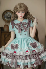 Green [Cherry Mille-Feuille] Lapel Collar Short Sleeves Triple-Layered Printed Ruffled Bow Lace Princess Sweet Lolita Dress - Product - 3