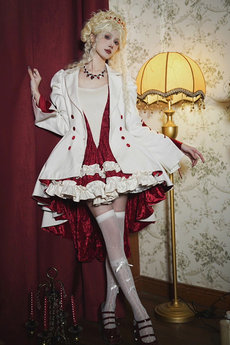 White Double-breasted Short Front and Long Back Irregular Gothic Lolita Coat - Product - 8