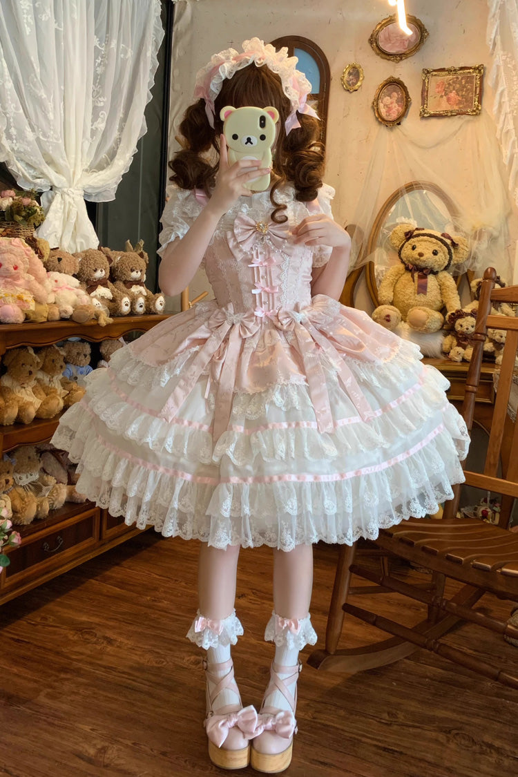 Pink [Snow Kissed Romance] Sleeveless High Waisted Multi-Layered Bowknot Lace Pearl Sweet Ballet Lolita Jsk Dress - Product - 8