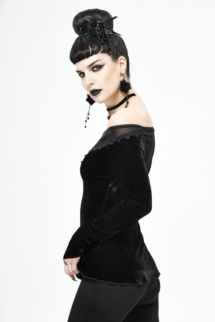 Black Velvet Off Shoulder Long Sleeve Mesh Collar Chest Flocking Pattern Women's Punk T-Shirt - Product - 3