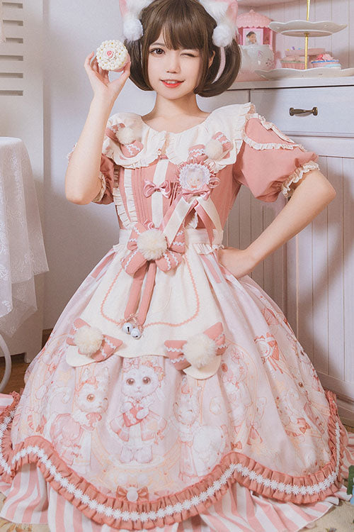 Light Pink Cat Print Square Collar Bowknot Ruffled Short Sleeves Sweet Lolita OP Dress - Product - 3