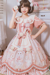 Light Pink Cat Print Square Collar Bowknot Ruffled Short Sleeves Sweet Lolita OP Dress - Product - 3