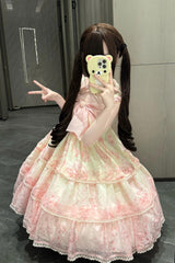 Pink Print Embroidery Bowknot Lace Sweet Princess Lolita Jsk Dress - Product - 4