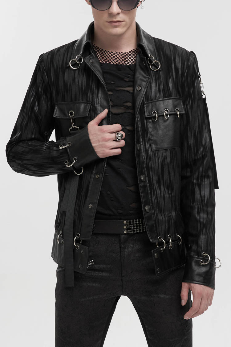 Black Metal Ring Perforated Lapel Lapel Button Handsome Men's Punk Jacket - Black - 1