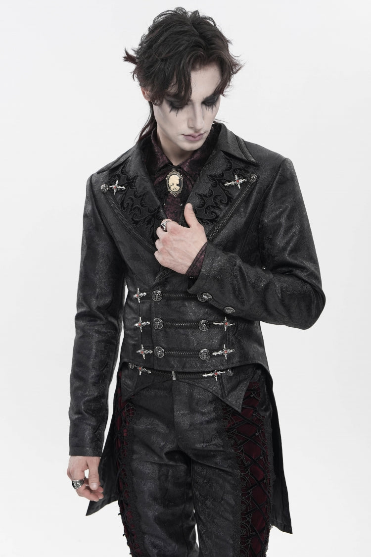 Black Lapel Collar Long Sleeves Lace-Up Slim Men's Gothic Handsome Double-Breasted Jacket - Product - 8