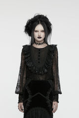 Black Round Collar Long Lantern Sleeves Ruffle Lace Women's Gothic Blouse - Black - 1