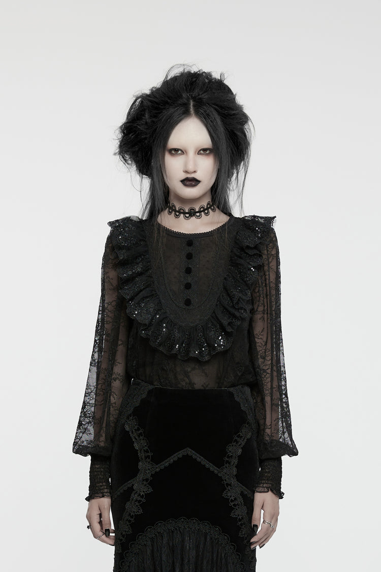 Black Round Collar Long Lantern Sleeves Ruffle Lace Women's Gothic Blouse - Black - 1