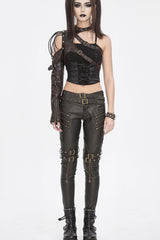 Brown Asymmetric Studded Buckled Eyelet Women's Punk Accessory Faux Leather Harness - Product - 9
