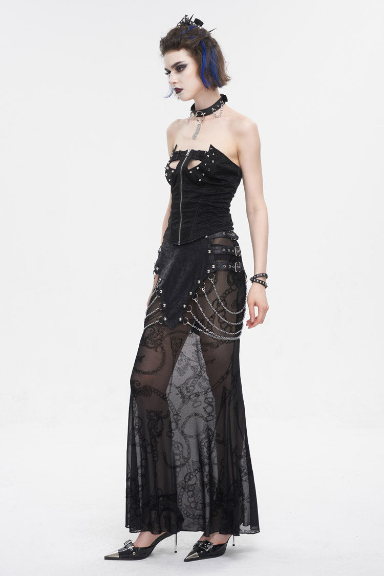 Black Mesh Splice Chain Fishtail Women's Gothic Skirt - Product - 7
