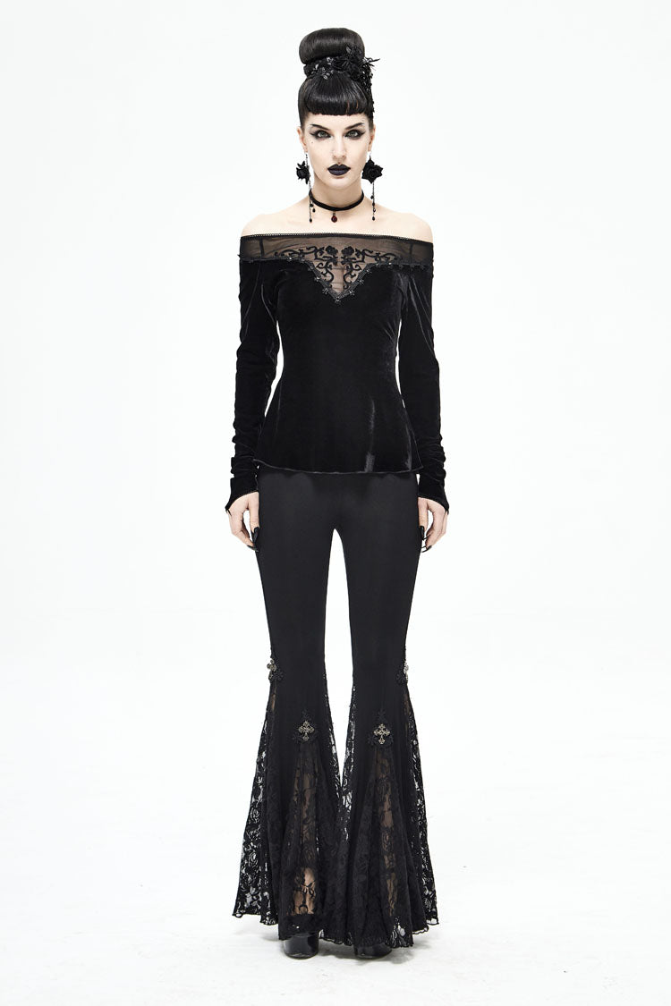 Black Velvet Off Shoulder Long Sleeve Mesh Collar Chest Flocking Pattern Women's Punk T-Shirt - Product - 4