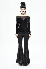 Black Velvet Off Shoulder Long Sleeve Mesh Collar Chest Flocking Pattern Women's Punk T-Shirt - Product - 4