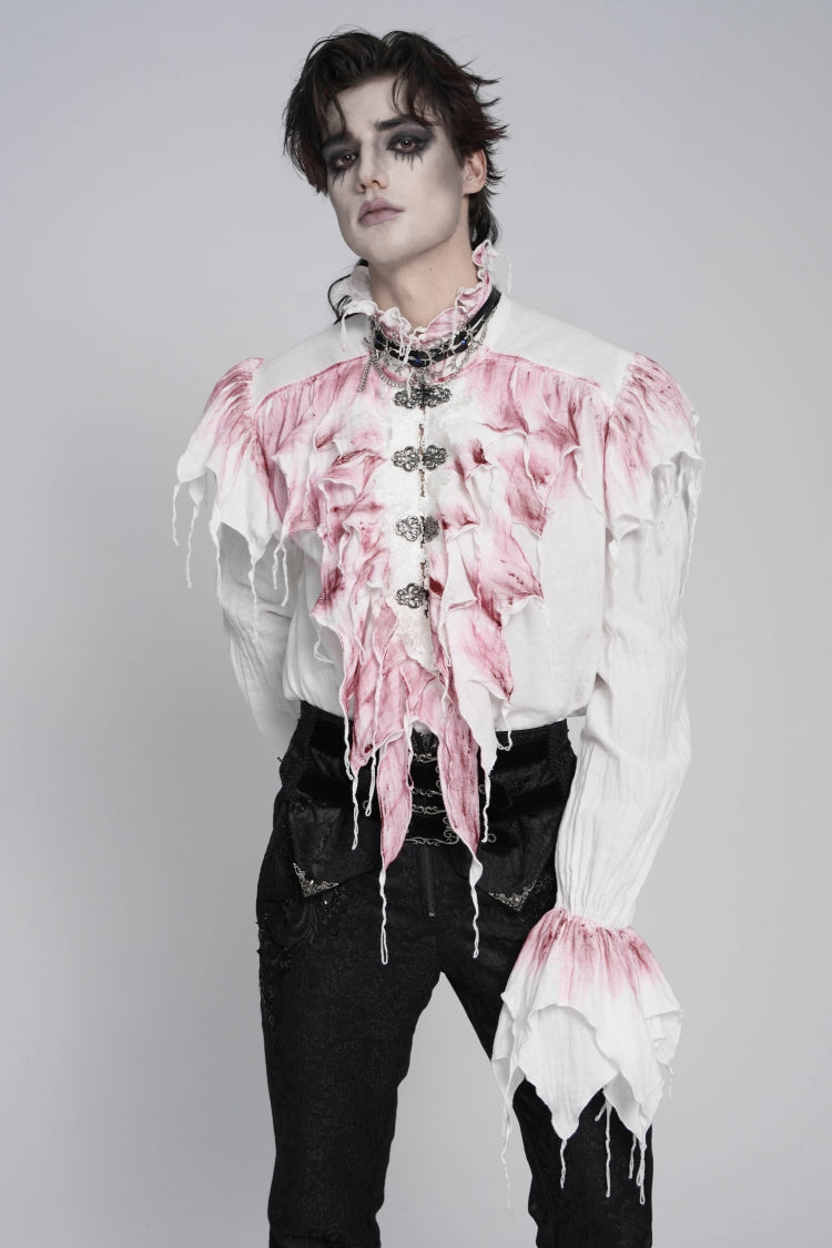 White High Collar Long Trumpet Sleeves Color-Blocked Pleated Men's Gothic Shirt - Product - 10