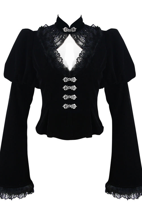 Small Stand Collar Flared Princess Sleeve Black Velveteen Short Womens Gothic Jacket - Product - 4