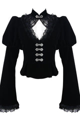 Small Stand Collar Flared Princess Sleeve Black Velveteen Short Womens Gothic Jacket - Product - 4