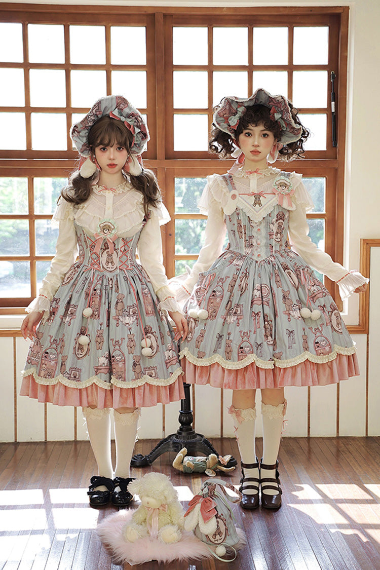 Pink/Green Bear Doll Wall Print Ruffle Embroidery Bowknot Sweet Corset Lolita Jsk Dress - Product - 2