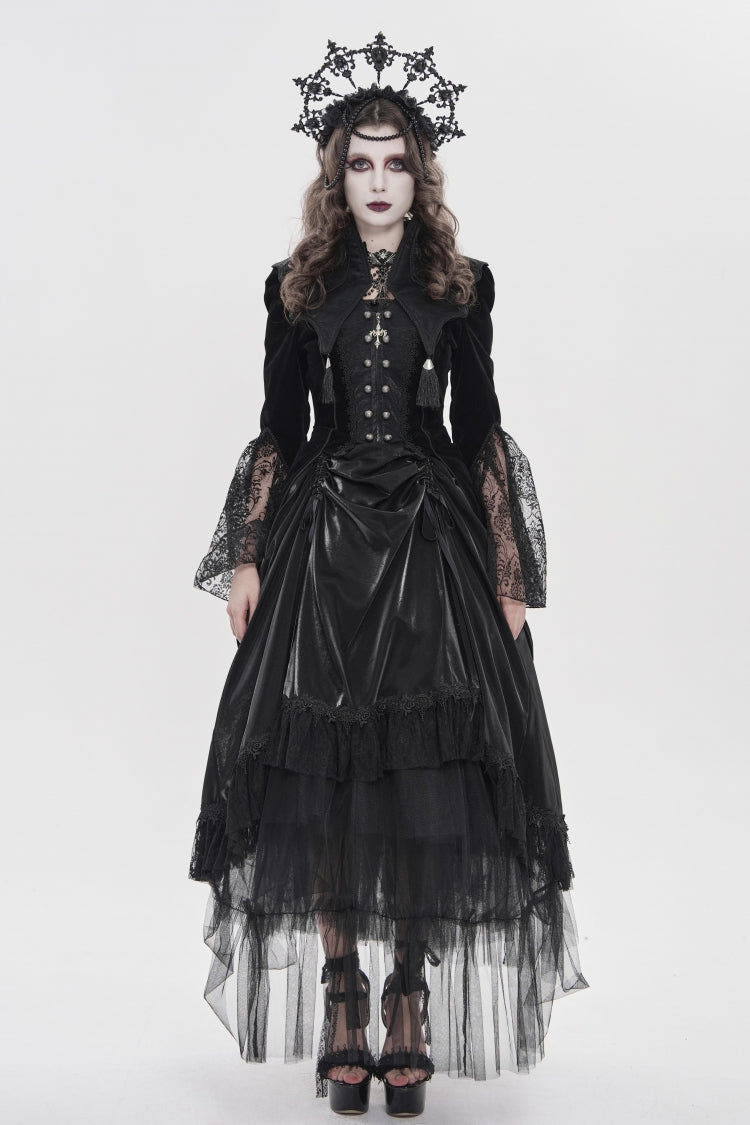 Black Long Trumpet Sleeves Embroidered Lace Slim Zippered Women's Gothic Bat Wing Collar Double-breasted Zip Jacket - Black - 1