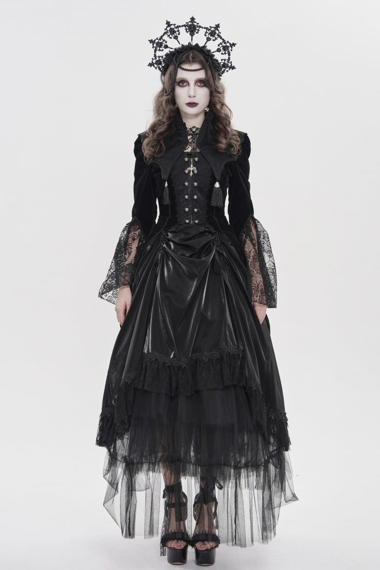 Black Long Trumpet Sleeves Embroidered Lace Slim Zippered Women's Gothic Bat Wing Collar Double-breasted Zip Jacket - Black - 1
