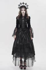 Black Long Trumpet Sleeves Embroidered Lace Slim Zippered Women's Gothic Bat Wing Collar Double-breasted Zip Jacket - Black - 1