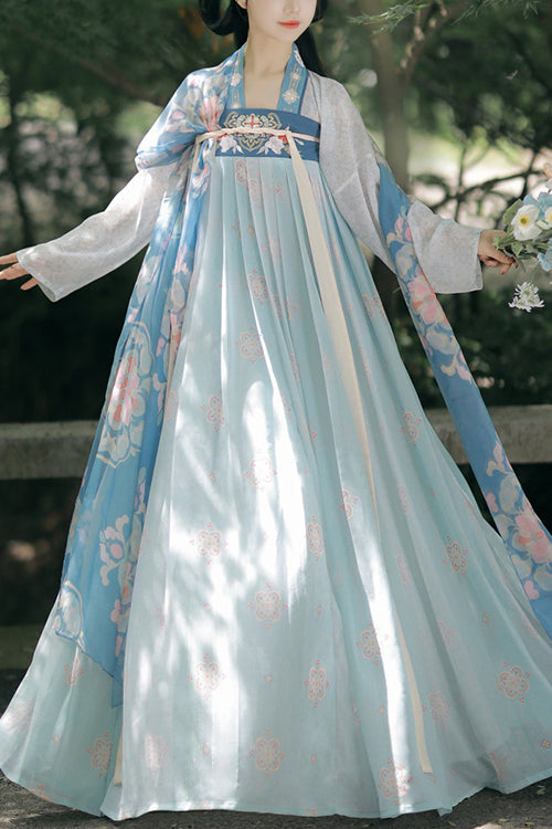 Chinese Ancient Style Fairy Elegant Chiffon Sweet Hanfu Dress Full Set - Blue - 1