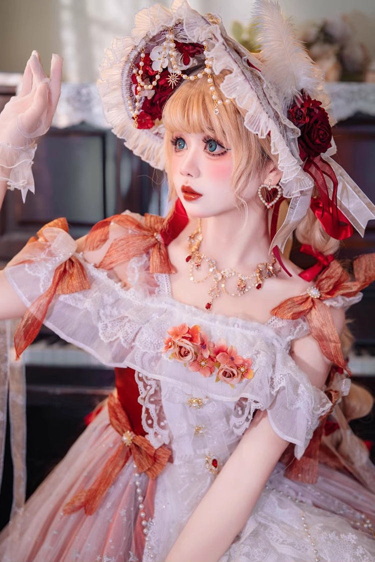 Red [Glazed Phantom] Off Shoulder Ruffle Hanayome Bowknot Lace Sweet Elegant Lolita Dress - Product - 6
