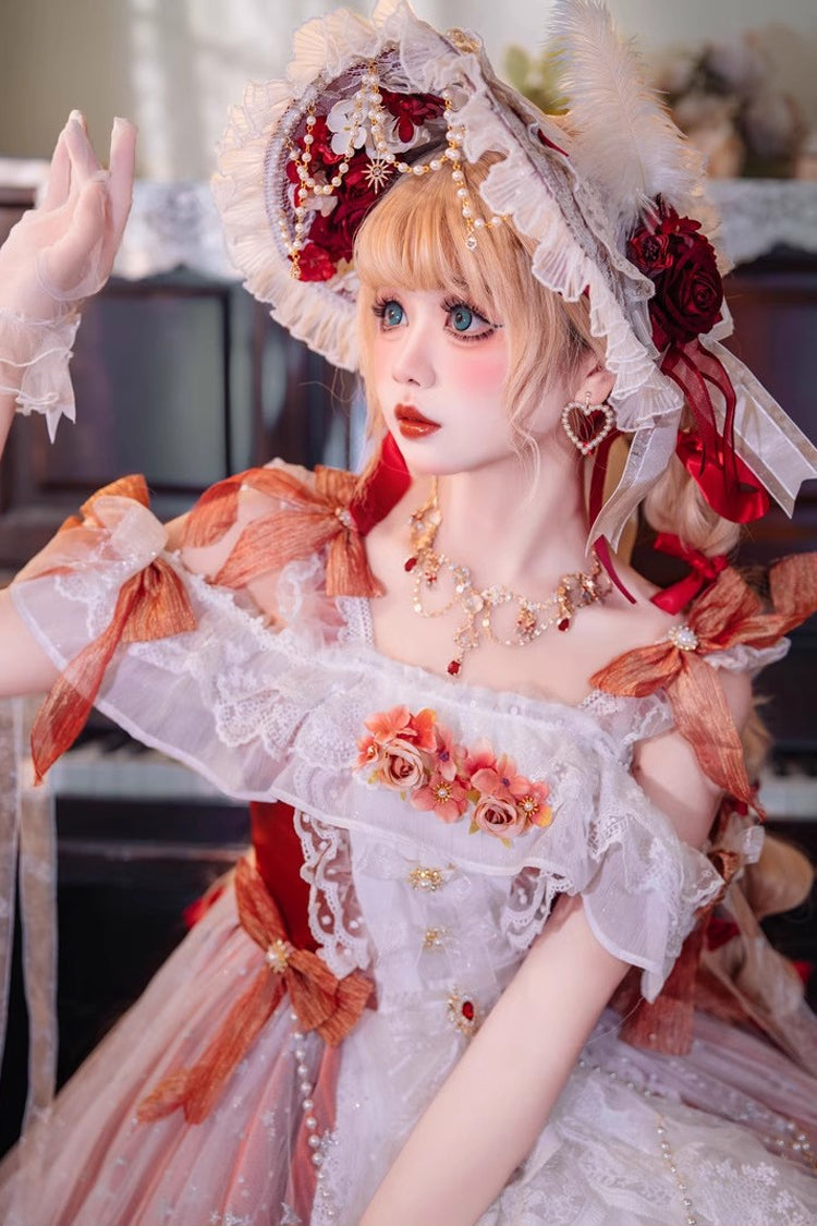 Red [Glazed Phantom] Off Shoulder Ruffle Hanayome Bowknot Lace Sweet Elegant Lolita Dress - Product - 6