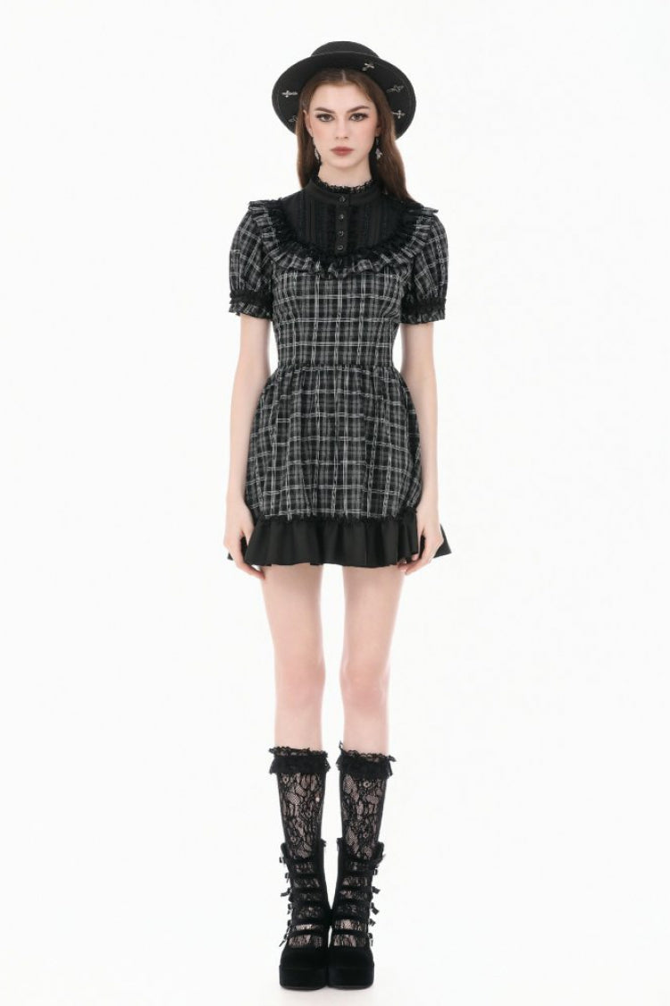 Black/White Plaid Stand Collar Short Puff Sleeves Ruffled  Lace Lace-Up Women's Lolita Gothic Dress - Product - 7