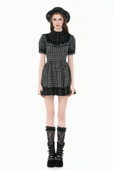 Black/White Plaid Stand Collar Short Puff Sleeves Ruffled  Lace Lace-Up Women's Lolita Gothic Dress - Product - 7