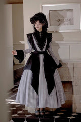Light Grey [Nocturne] Vertical Stripes Print Ruffle Bowknot Lace Gothic Lolita Dress 2 Versions - Grey - 4
