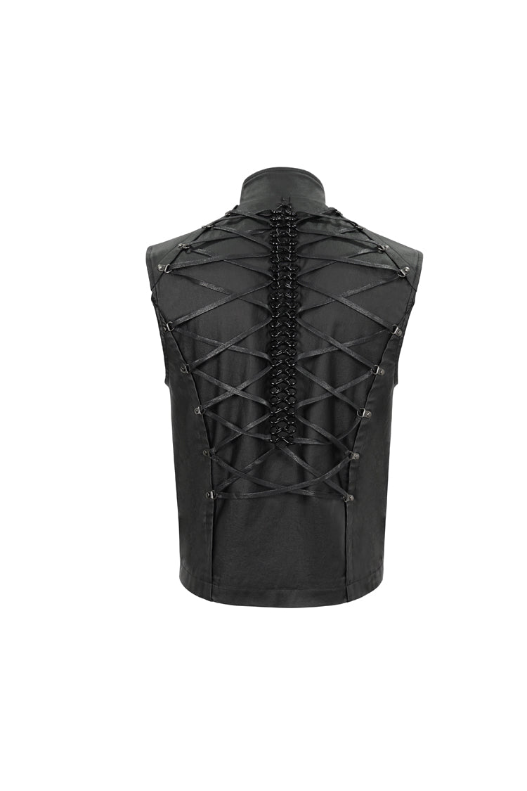 Black Front And Rear String Micro Stretch Cotton Stand Collar Men's Punk Vest - Product - 9