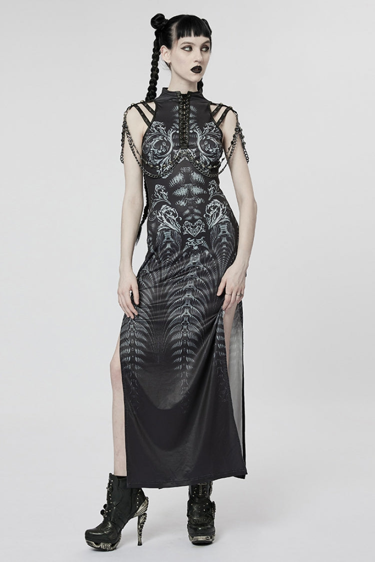 Black Print Lace-Up Side Slit Women's Gothic Dress with Chain - Black - 1