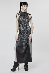 Black Print Lace-Up Side Slit Women's Gothic Dress with Chain - Black - 1