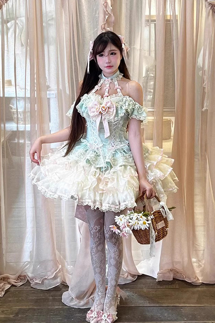 Green [Flower Language of Eros] Halterneck Multi-Layered Ruffle Bowknot Rose Lace Lace-Up Sweet Ballet Lolita Jsk Dress - Product - 2