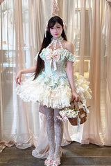Green [Flower Language of Eros] Halterneck Multi-Layered Ruffle Bowknot Rose Lace Lace-Up Sweet Ballet Lolita Jsk Dress - Product - 2