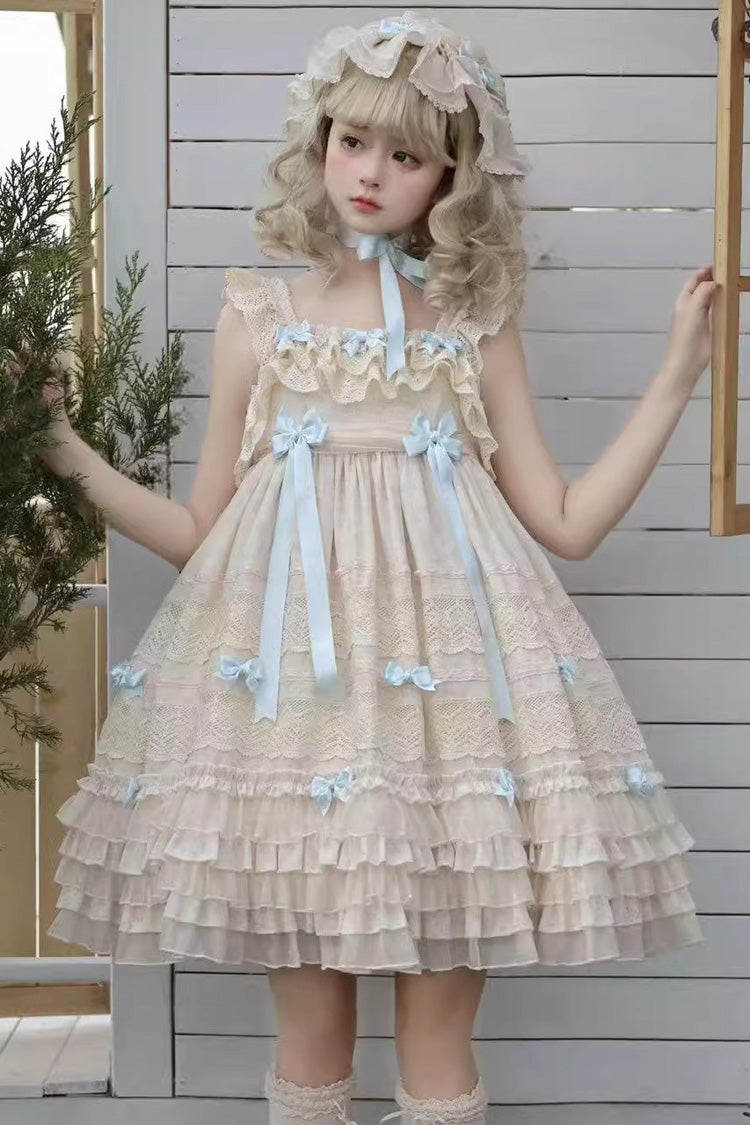 Beige [Little Wind Chime] Sleeveless Multi-Layered Printed Ruffled Bow Lace Sweet Elegant Princess Lolita Jsk Dress - Product - 3