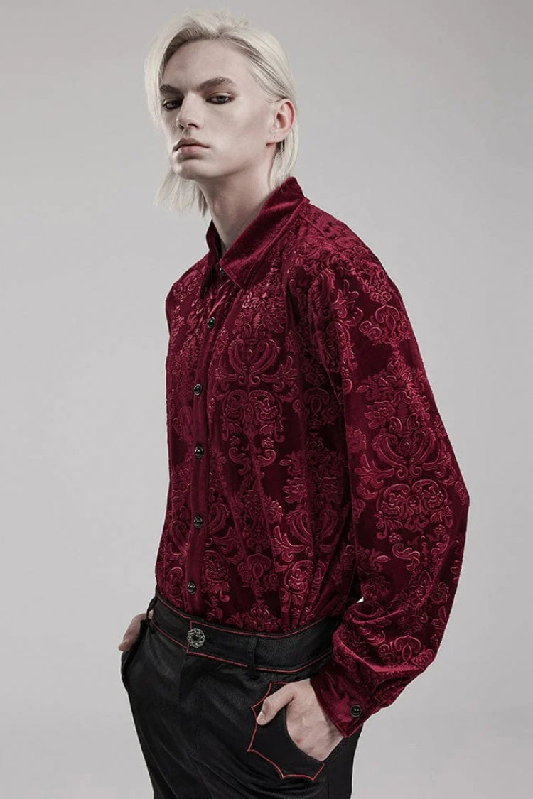 Men's Long Sleeves Embossed Velvet Print Gothic Gorgeous Blouse 2 Colors - Product - 11