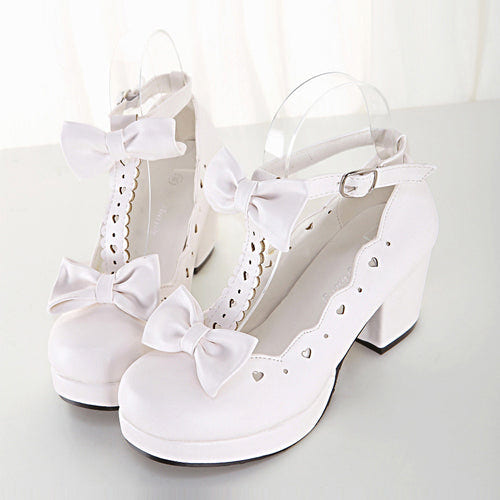 Bowknot Heart-shaped Hollow Out Lolita High Heel Shoes - White - 2