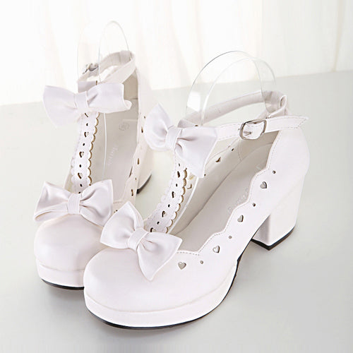 Bowknot Heart-shaped Hollow Out Lolita High Heel Shoes - White - 2