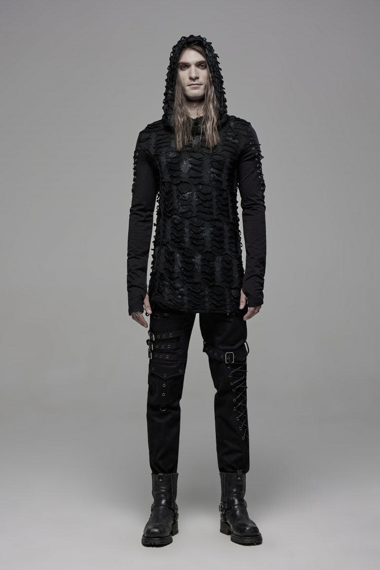 Black Long Sleeves Lace-Up Hooded Ripped Pleated Men's Gothic Cool T-Shirt - Black - 1