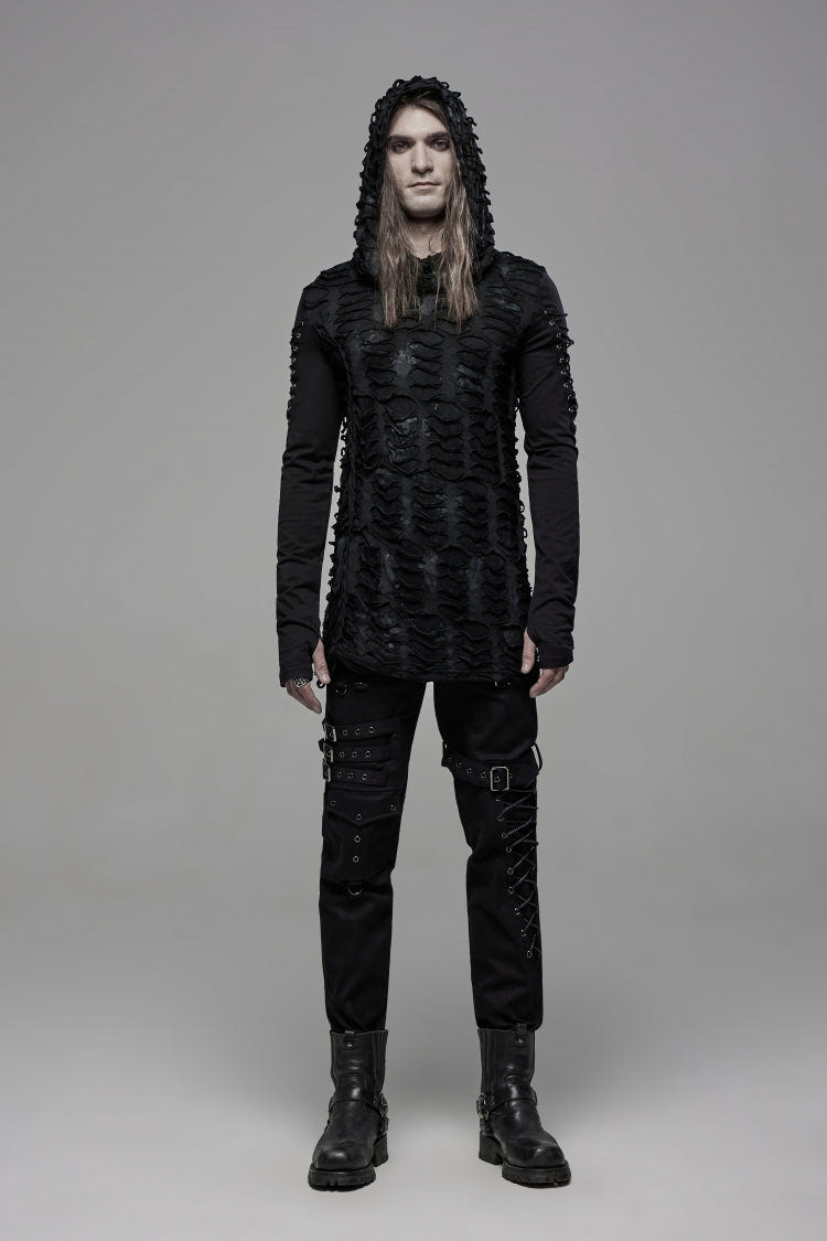 Black Long Sleeves Lace-Up Hooded Ripped Pleated Men's Gothic Cool T-Shirt - Black - 1