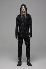 Black Long Sleeves Lace-Up Hooded Ripped Pleated Men's Gothic Cool T-Shirt - Black - 1