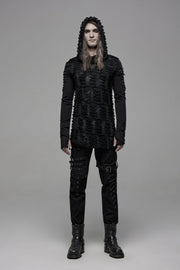 Black Long Sleeves Lace-Up Hooded Ripped Pleated Men's Gothic Cool T-Shirt - Black - 1