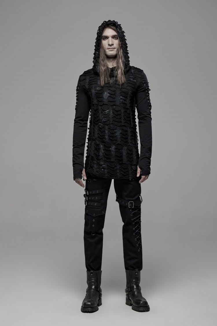 Black Long Sleeves Lace-Up Hooded Ripped Pleated Men's Gothic Cool T-Shirt - Black - 1