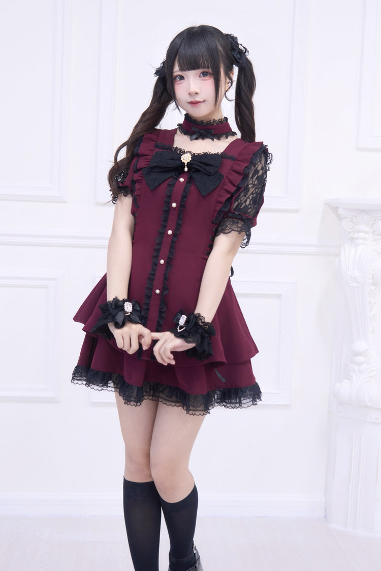 Red [Waltz] Short Sleeves Ruffle Bowknot Gothic Jirai Kei Japanese Dress Set - Product - 5