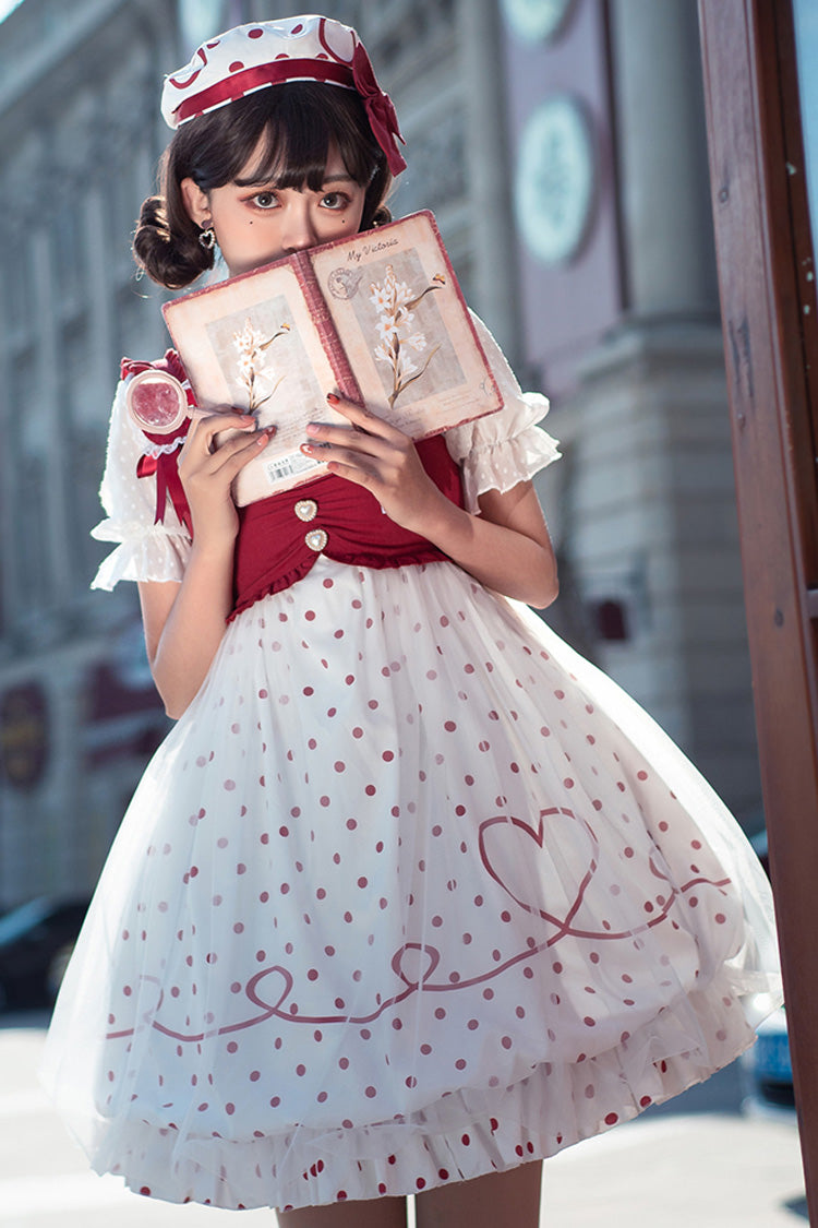 Red Hollow Love Polka Dot Print Sakurahime Sweet Lolita Dress - Product - 3