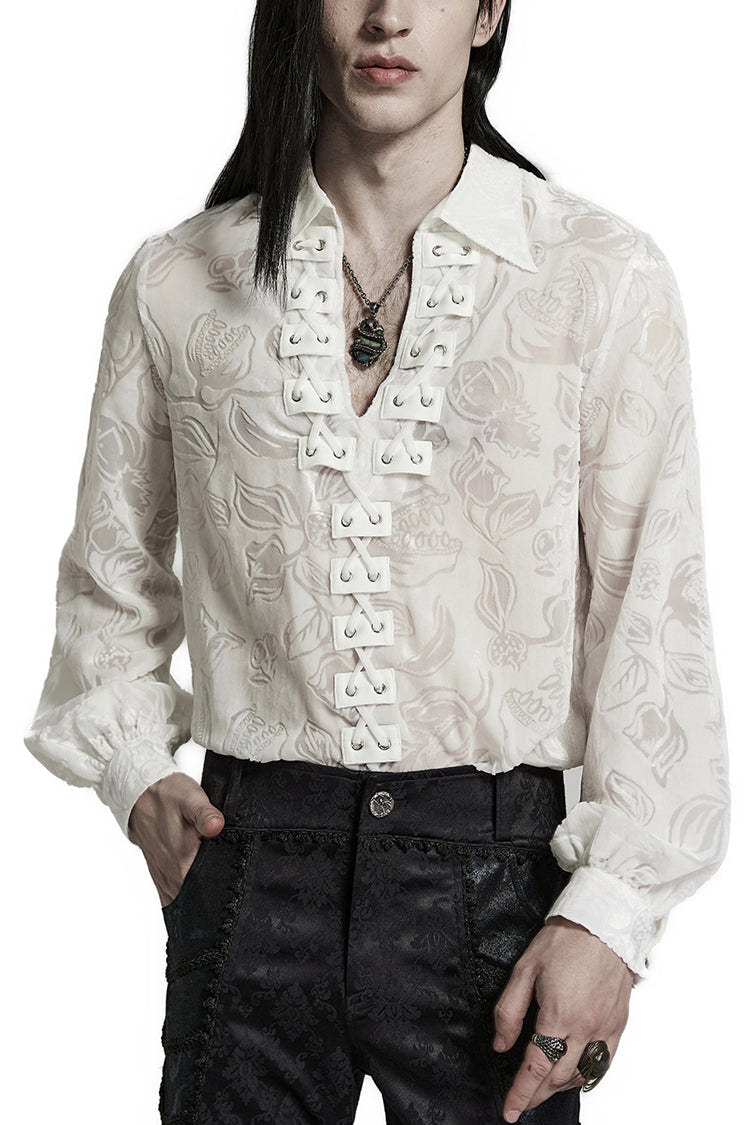 Piranha Print Lapel Collar Long Sleeves Mens Gothic Blouse 2 Colors - White - 10