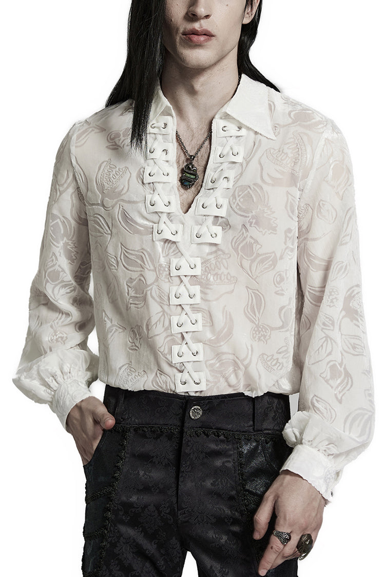 Piranha Print Lapel Collar Long Sleeves Mens Gothic Blouse 2 Colors - White - 10
