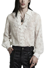 Piranha Print Lapel Collar Long Sleeves Mens Gothic Blouse 2 Colors - White - 10
