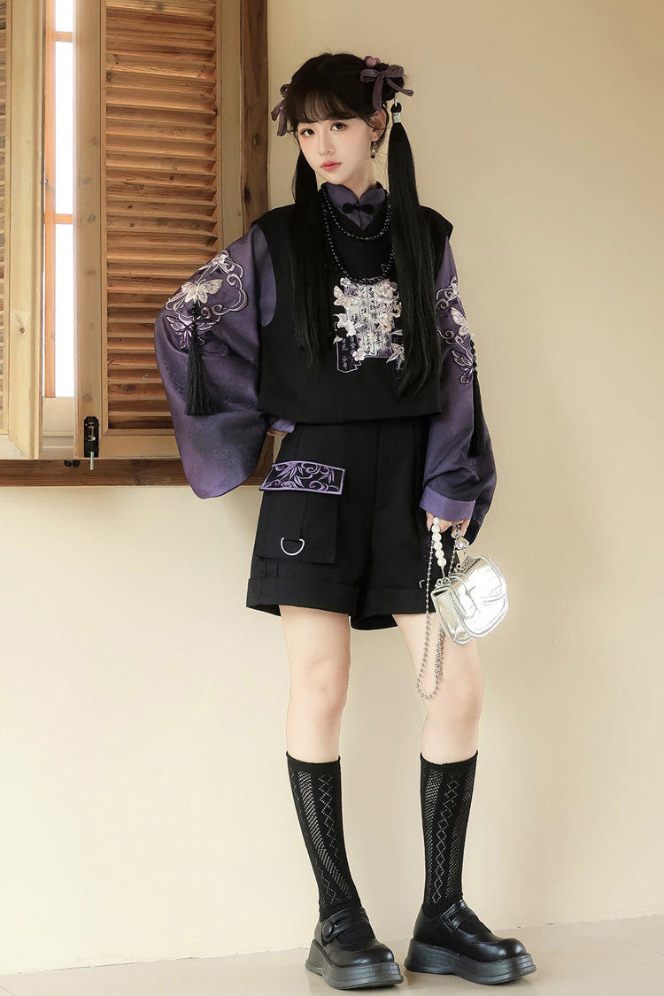 Black/Purple Stand Collar Long Sleeves Embroidery Classic Chinese Style Prince Hanfu Ouji Set - Product - 8